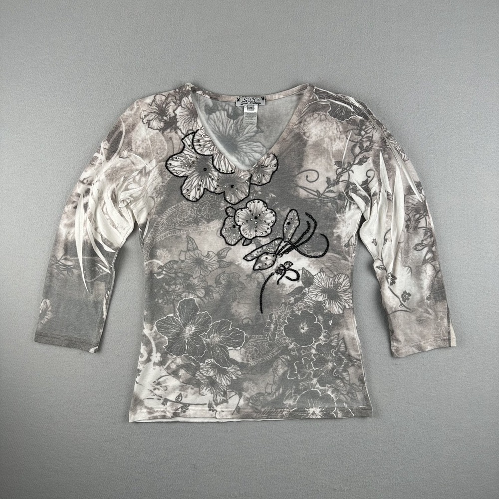 Spy Zone Exchange Top Womens Medium Gray Floral Beaded Cold Shoulder Y2K V-Neck